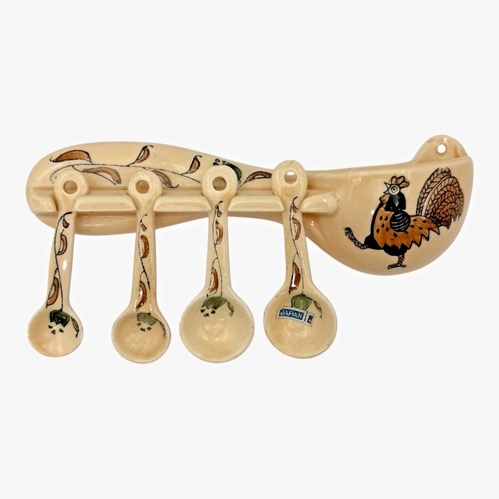 Japan Rooster Wall Pocket Measuring Spoon Set Ceramic Farmhouse 1950s Vintage